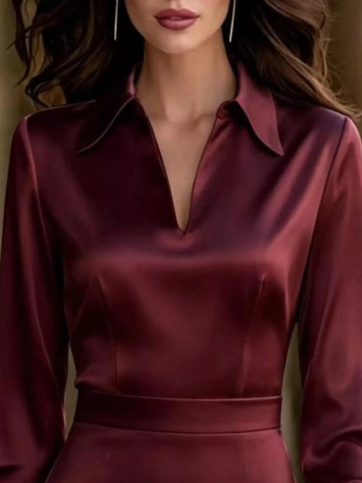 Romy Satin Lantern-Sleeve Midi Dress in Burgundy, on model