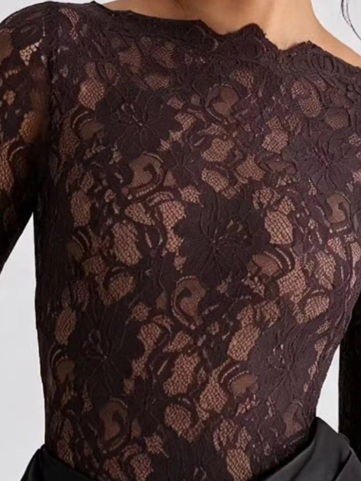 Delphine Lace + Satin Long-Sleeve Maxi Dress in Black, close-up detail