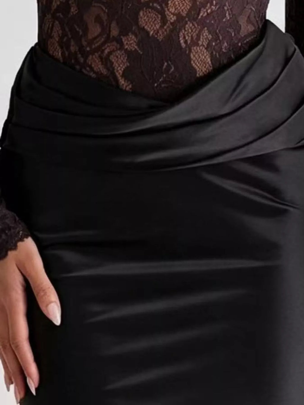 Delphine Lace + Satin Long-Sleeve Maxi Dress in Black, on model