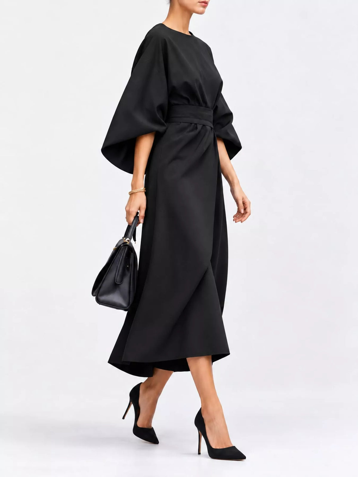 Bettina Kimono-Sleeve Wrap Midi Dress in Black, on model