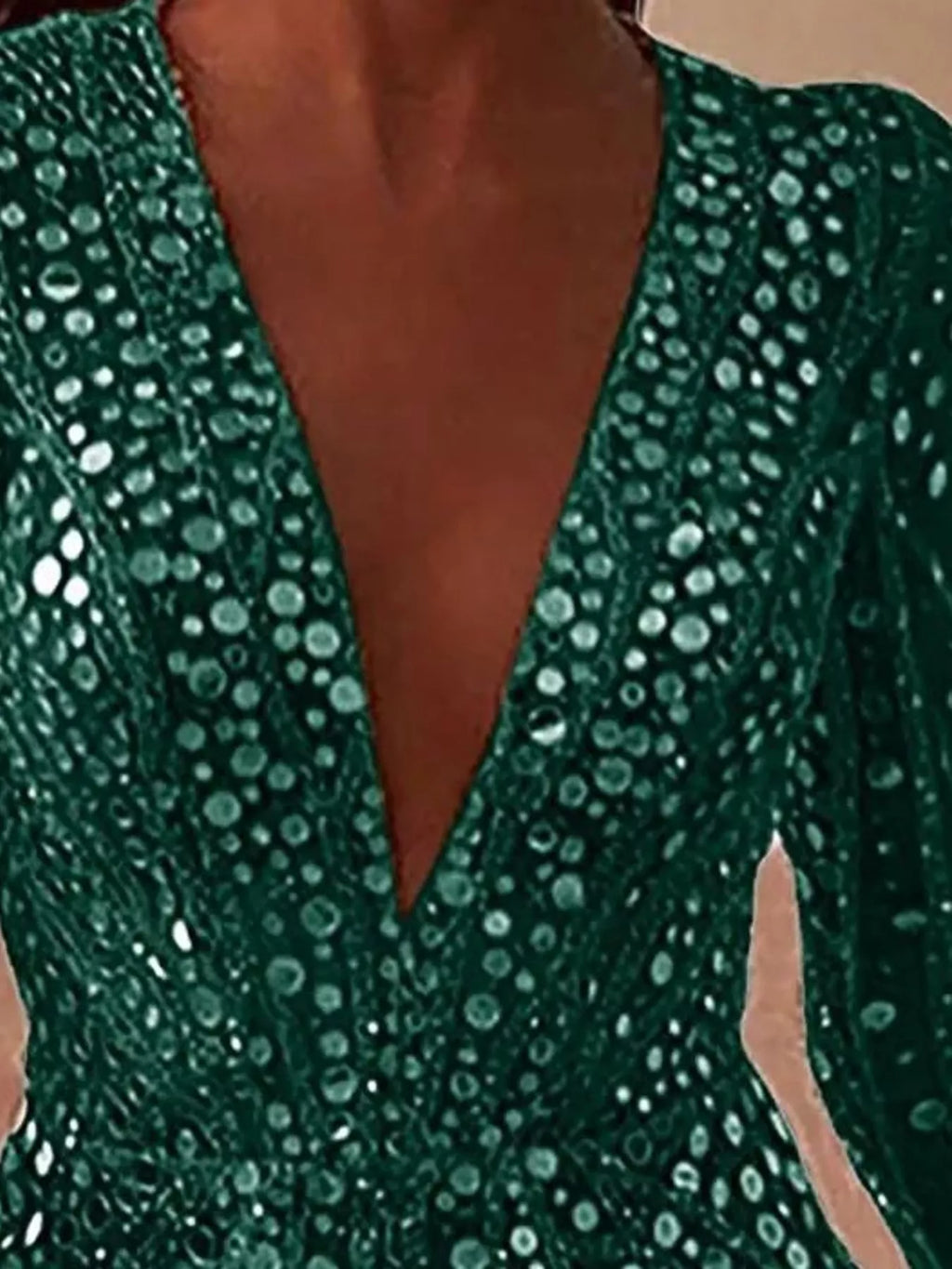 Talia Sequin Long-Sleeve Mini Dress in Green, V-neckline detail