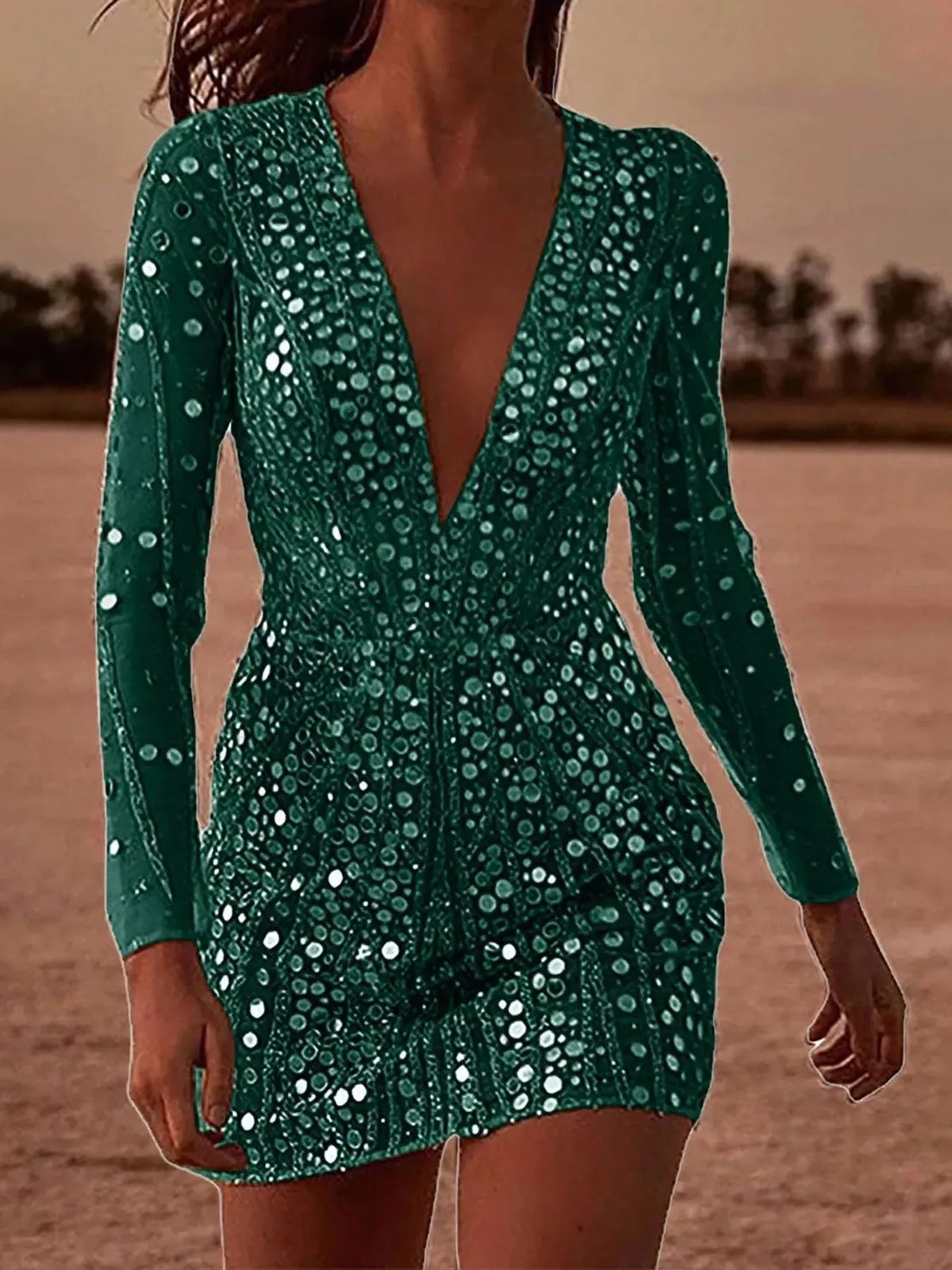 Talia Sequin Long-Sleeve Mini Dress in Green, walking view
