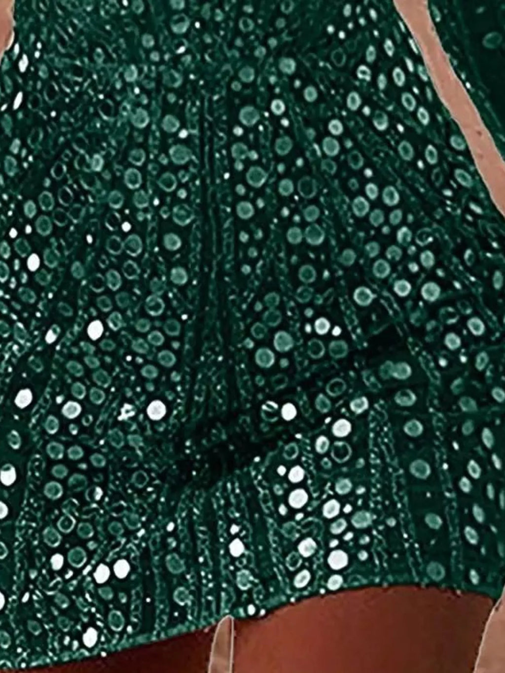 Talia Sequin Long-Sleeve Mini Dress in Green, sequin skirt detail