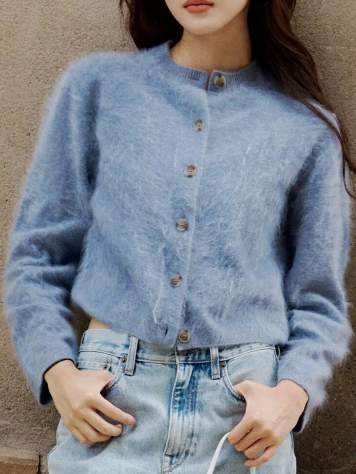 Flora Fuzzy Cropped Button Cardigan in Blue, on model