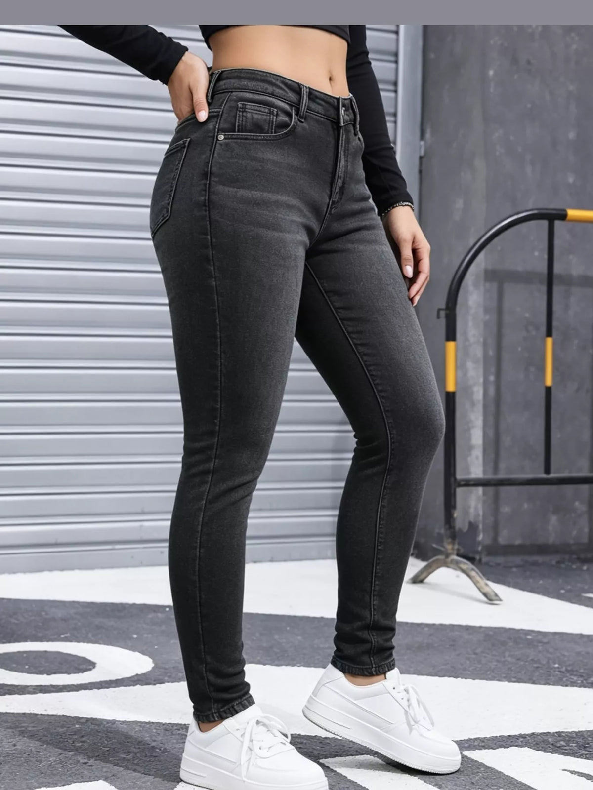 Willa Fleece-Lined Skinny Jeans in Black Gray, on model