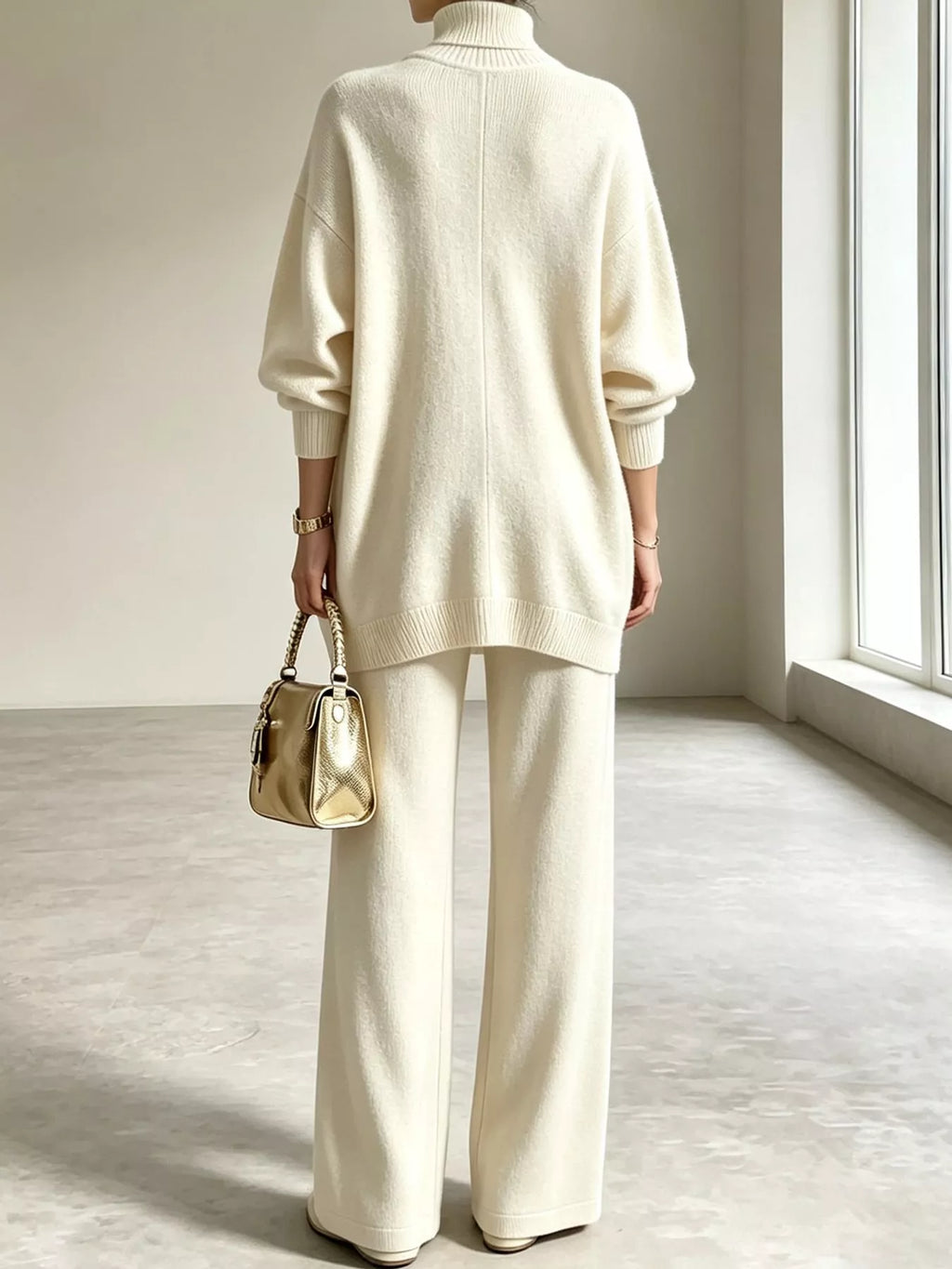Tove Turtleneck Sweater Tunic + Pants Set in Off-White, on model