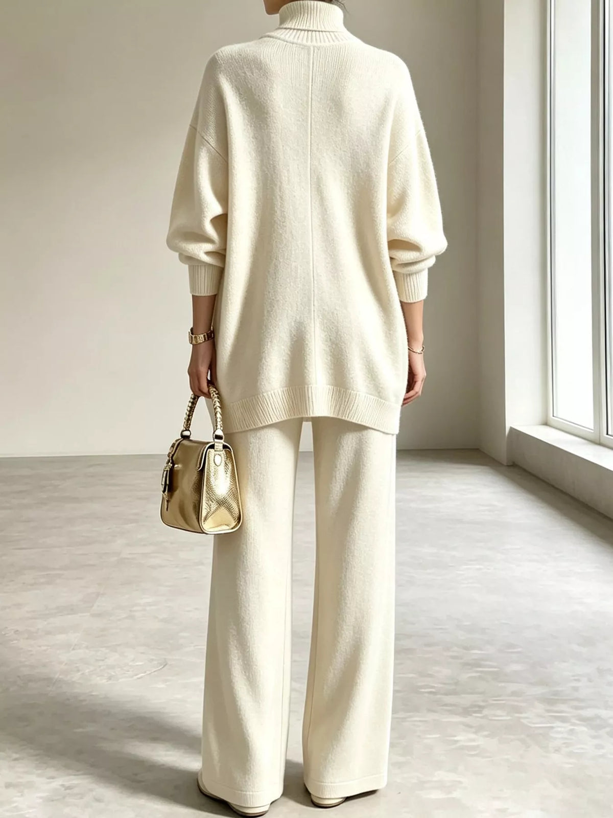 Tove Turtleneck Sweater Tunic + Pants Set in Off-White, on model