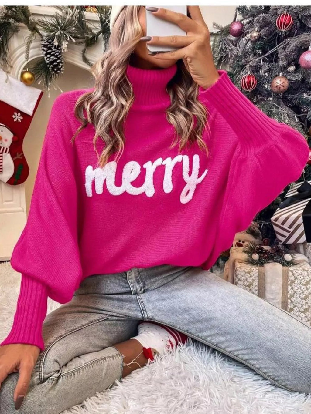 Mabel Merry Turtleneck Sweater in Hot Pink, on model