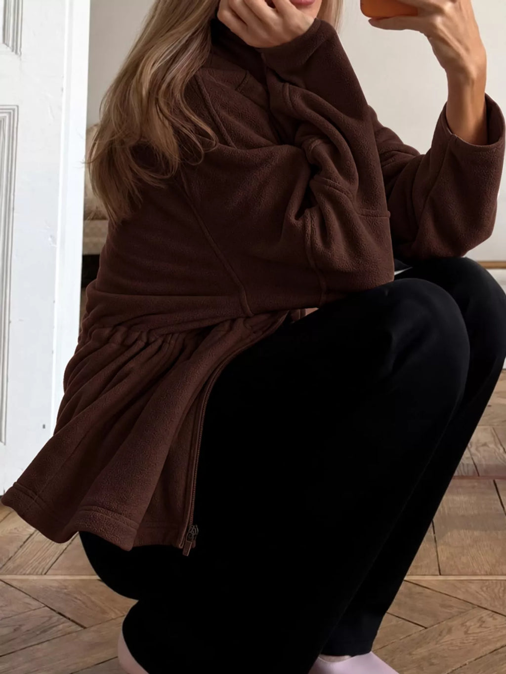 Kaia Cinched-Waist Fleece Zip-Up Jacket in Brown, on model