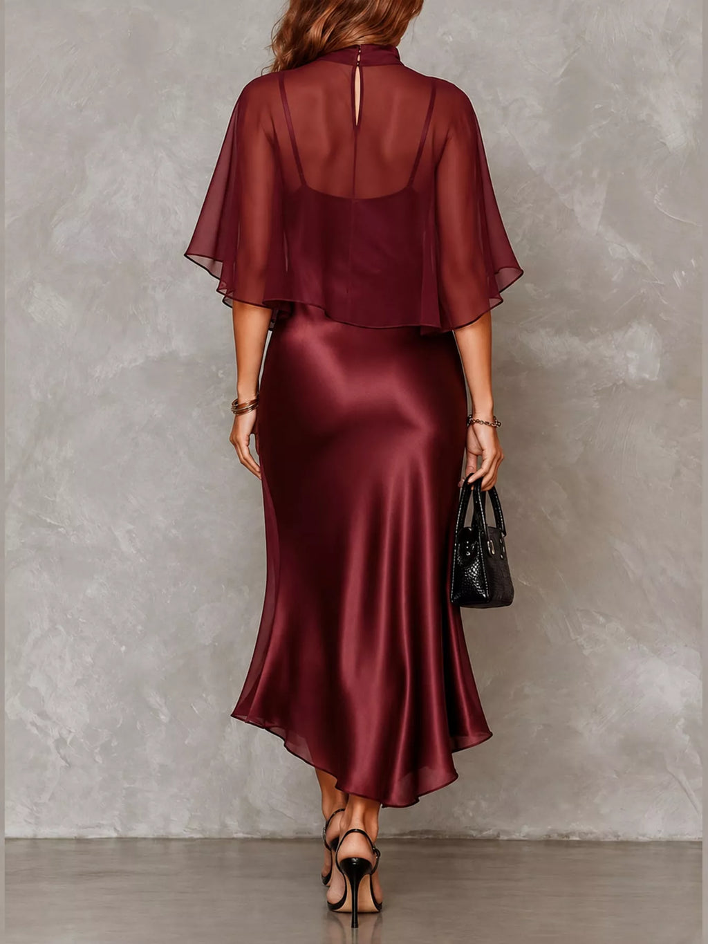 Calla Satin Slip Dress + Sheer Cape Set in Burgundy, on model