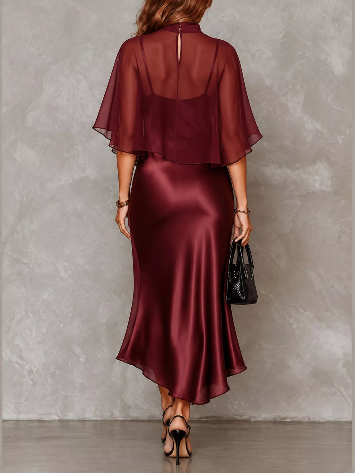 Calla Satin Slip Dress + Sheer Cape Set in Burgundy, on model
