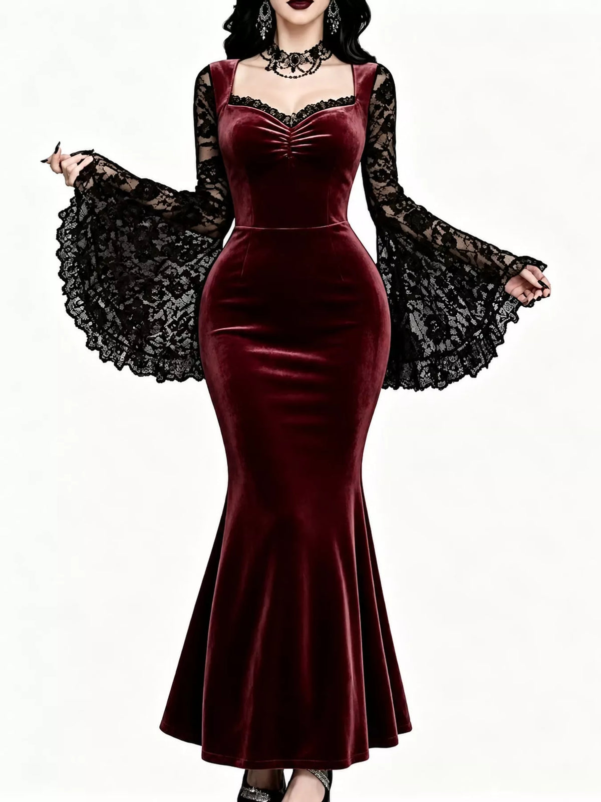 Romilly Velvet Lace Bell-Sleeve Mermaid Maxi Dress in Burgundy, on model