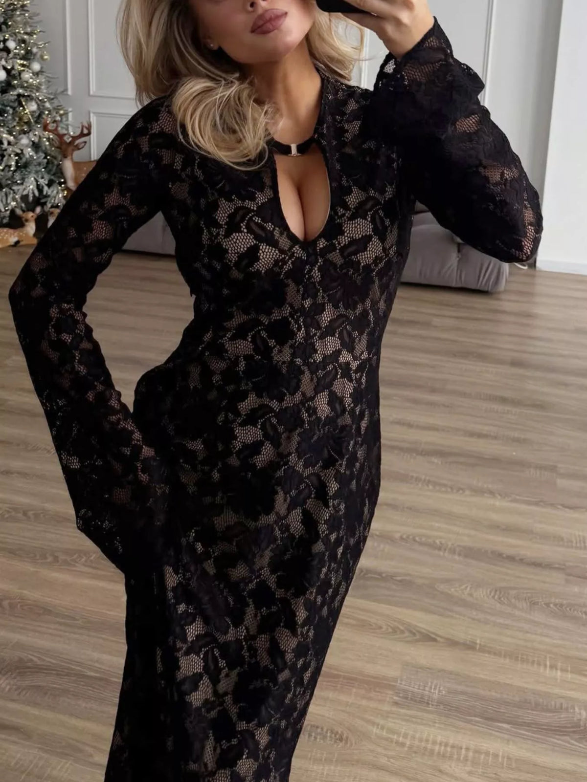 Dana Black Lace Maxi Dress, on model