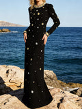Selma Rhinestone Long-Sleeve Maxi Gown in Black, on model