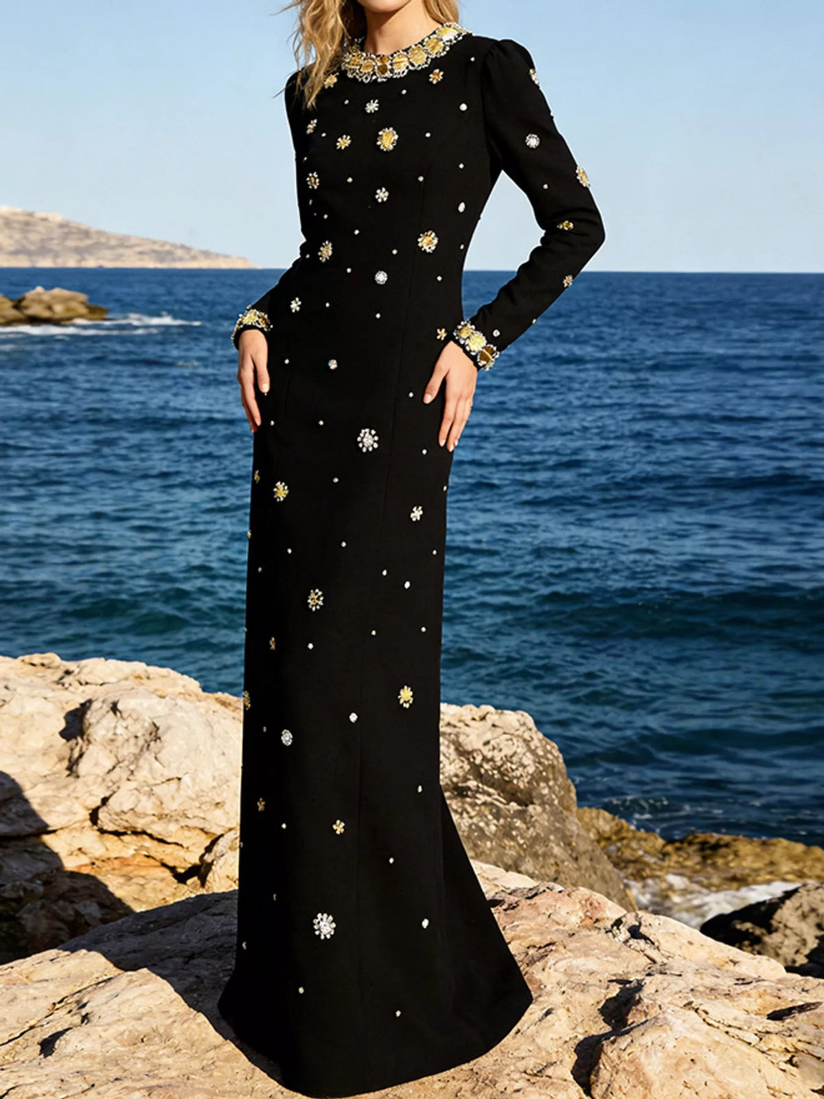 Selma Rhinestone Long-Sleeve Maxi Gown in Black, on model