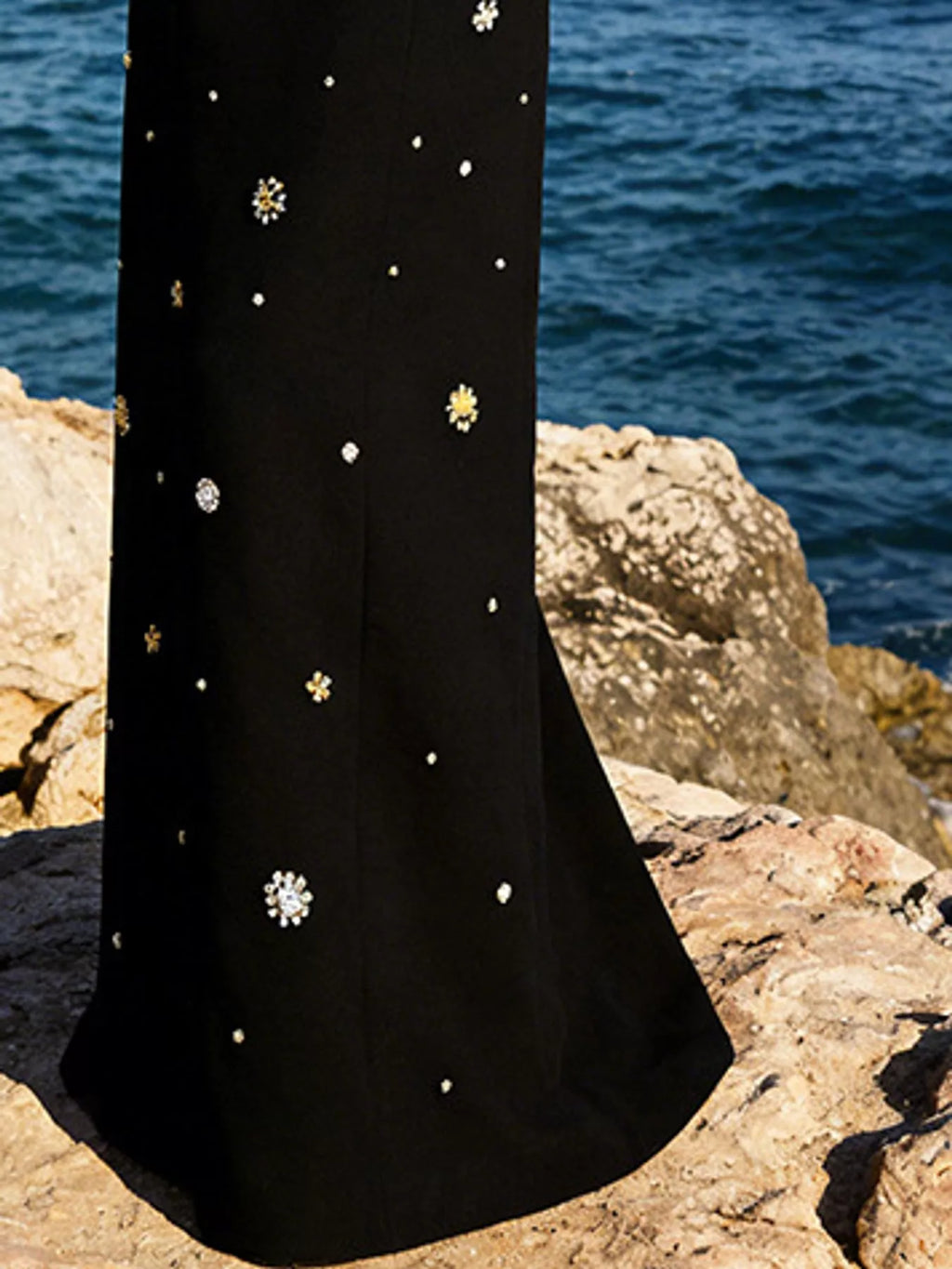 Selma Rhinestone Long-Sleeve Maxi Gown in Black, close-up detail
