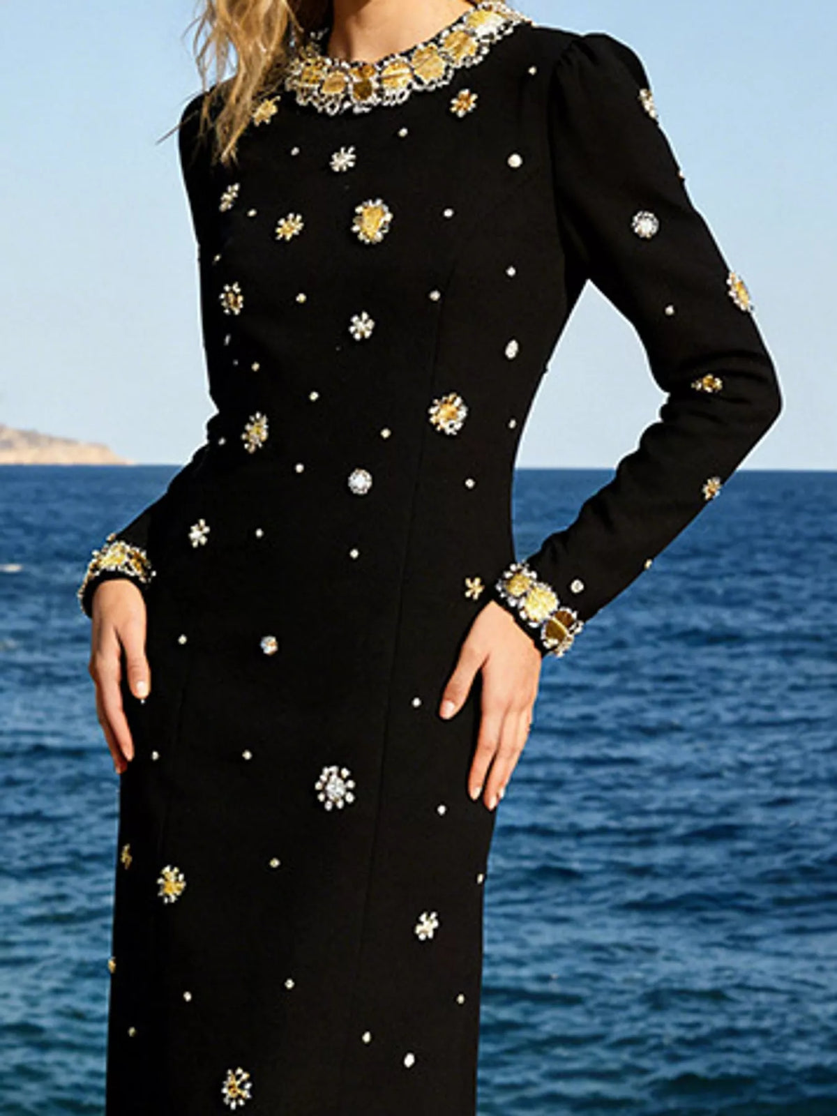 Selma Rhinestone Long-Sleeve Maxi Gown in Black, on model