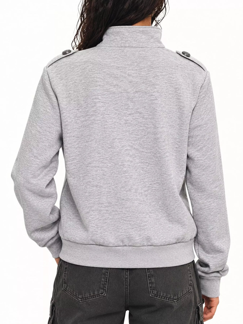 Lottie Military-Button Zip Jacket in Gray, on model