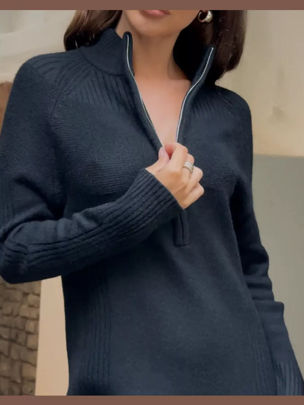 Annelise Half-Zip Ribbed Sweater Maxi Dress in Black, on model