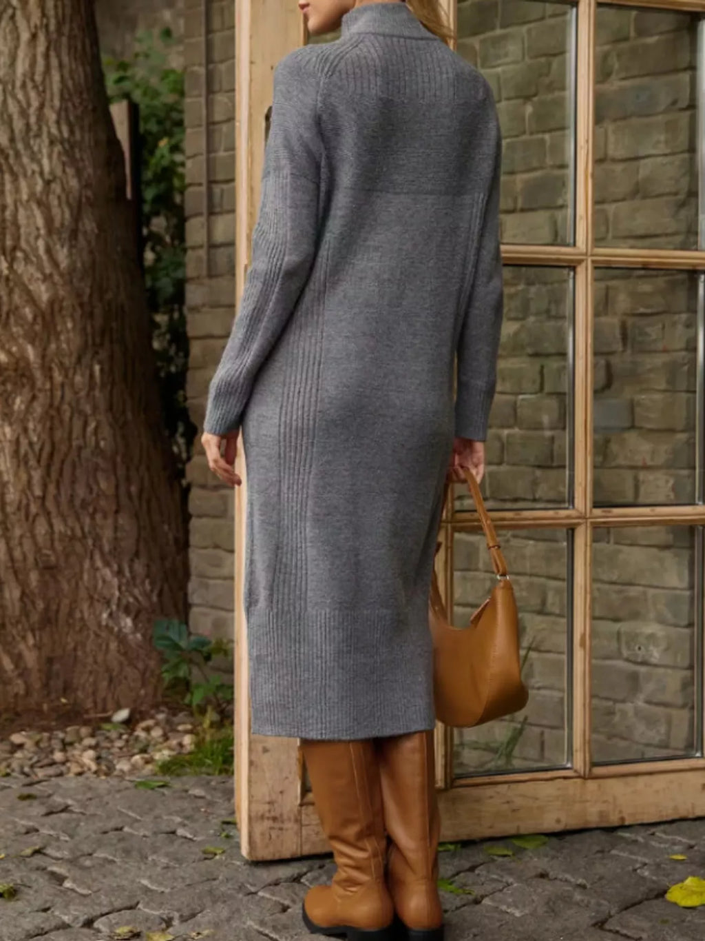 Annelise Half-Zip Ribbed Sweater Maxi Dress in Gray, on model