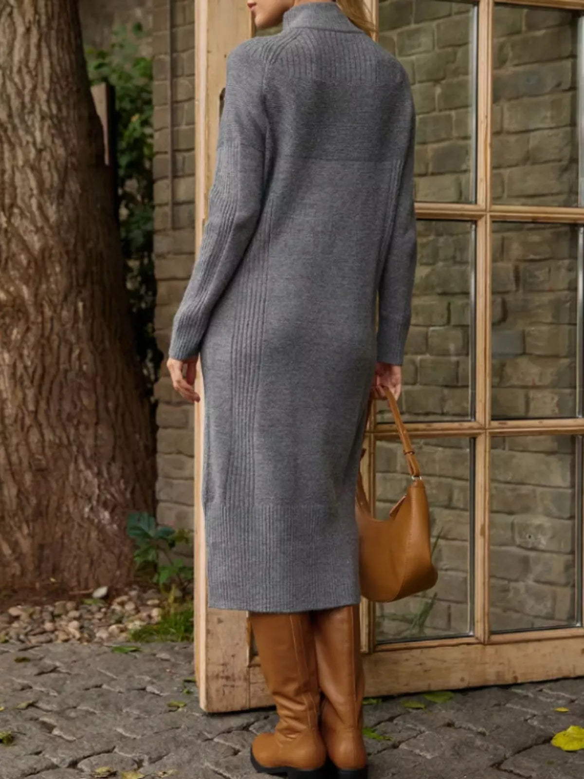 Annelise Half-Zip Ribbed Sweater Maxi Dress in Gray, on model
