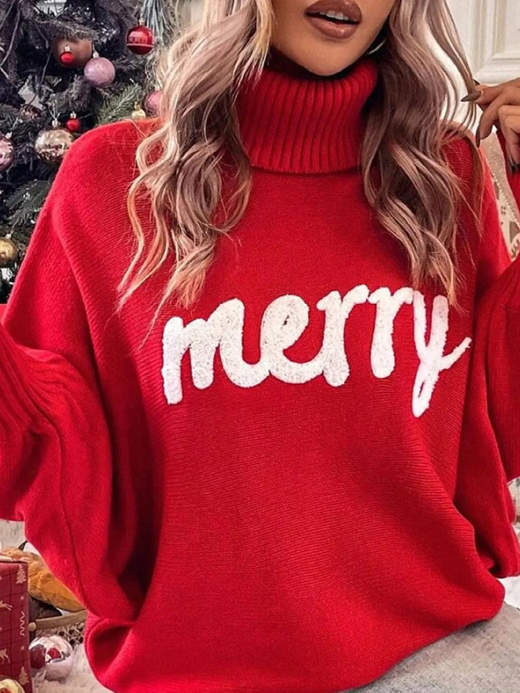 Mabel Merry Turtleneck Sweater in Red, on model