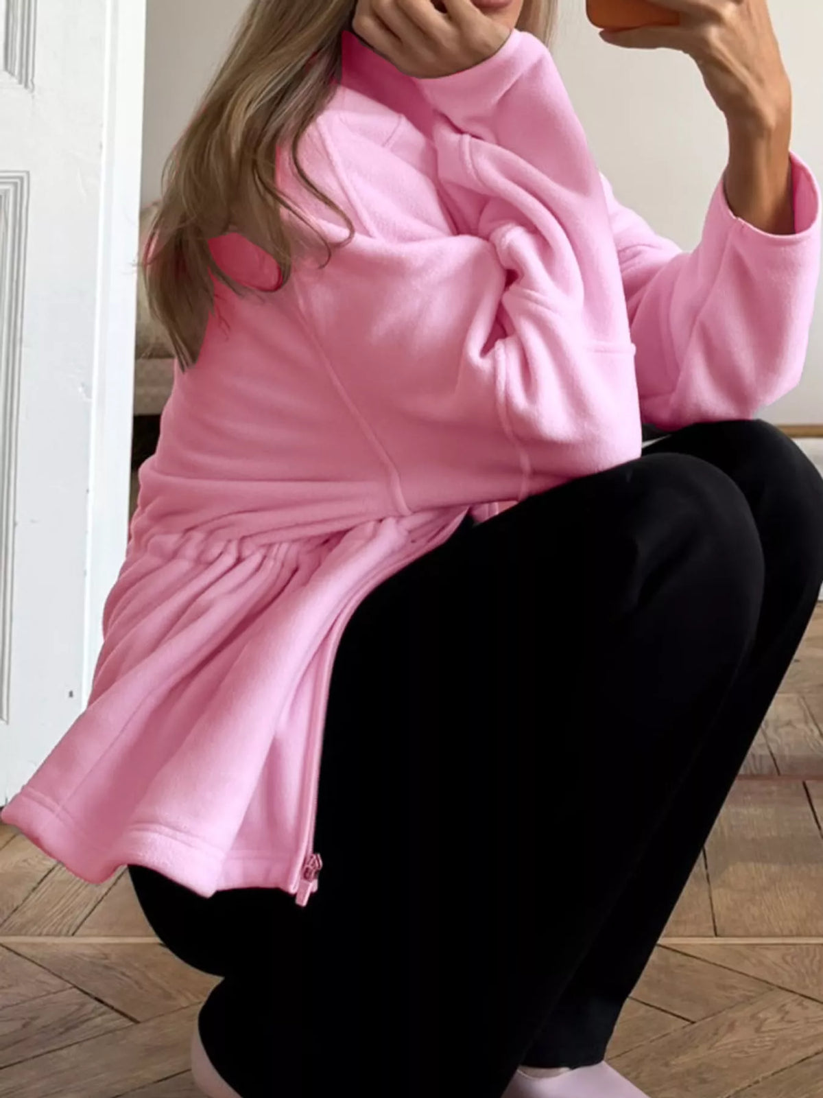 Kaia Cinched-Waist Fleece Zip-Up Jacket in Pink, on model