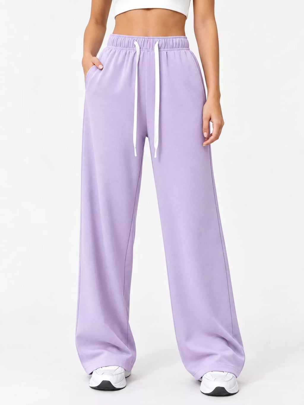 Odessa Drawstring Wide-Leg Sweatpants in Light Purple, on model