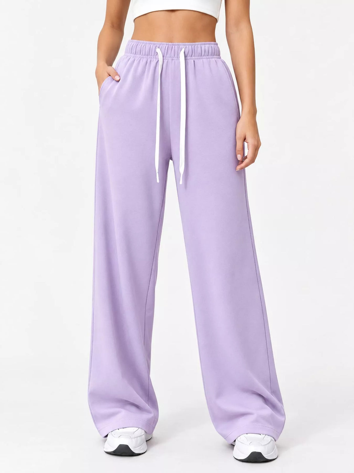 Odessa Drawstring Wide-Leg Sweatpants in Light Purple, on model