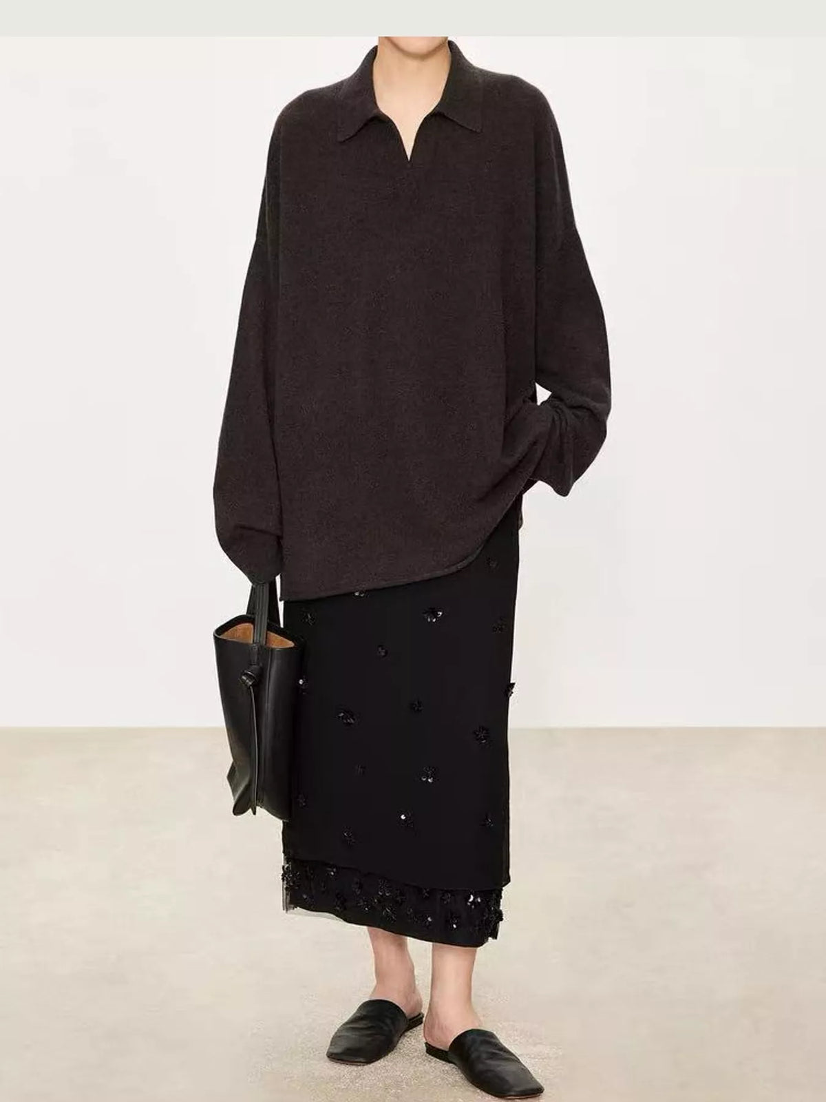 Priya Polo-Collar Drop-Shoulder Sweater in Brown, on model