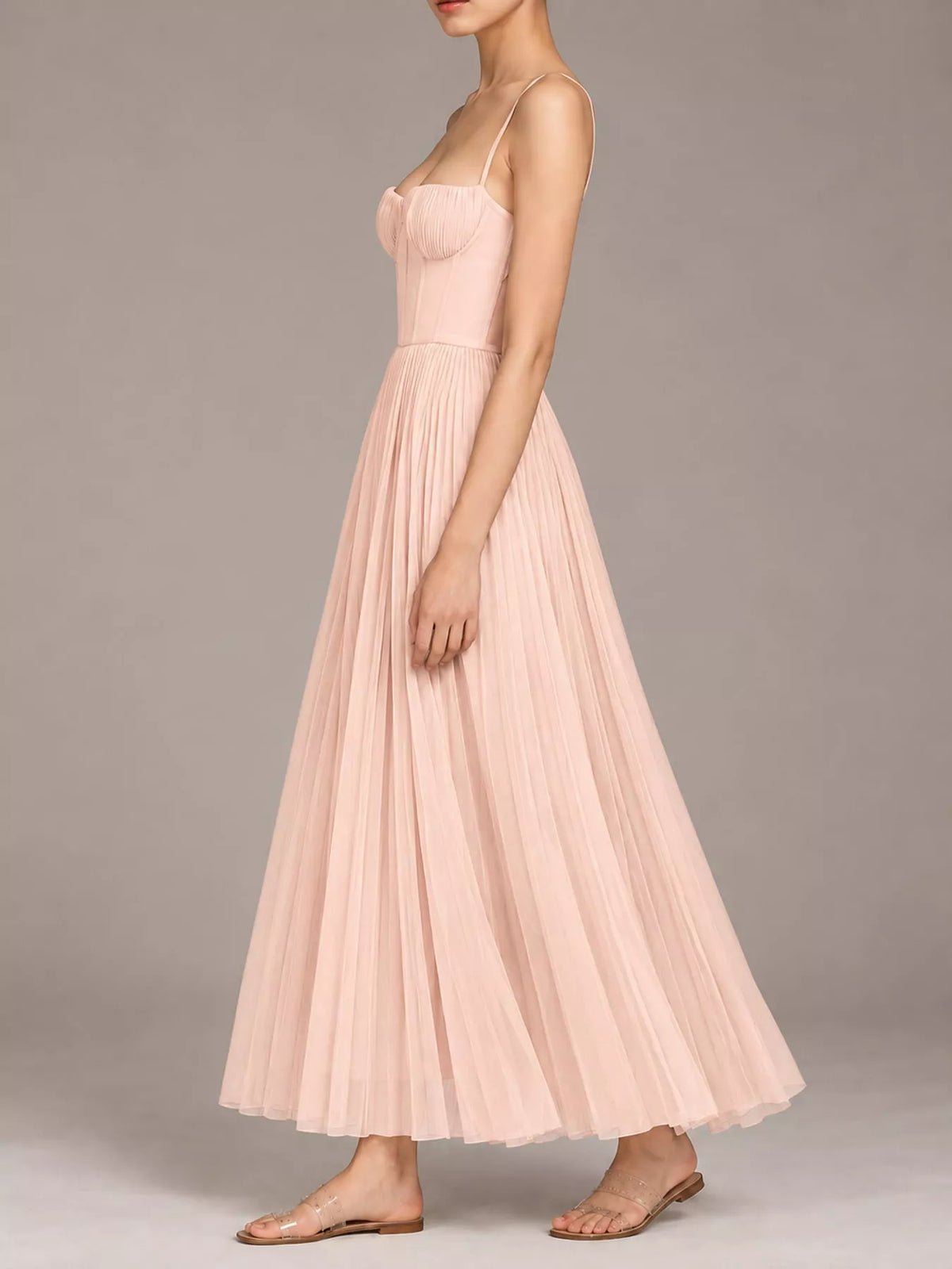 Saoirse Pleated Sweetheart Midi Dress in Pink, on model