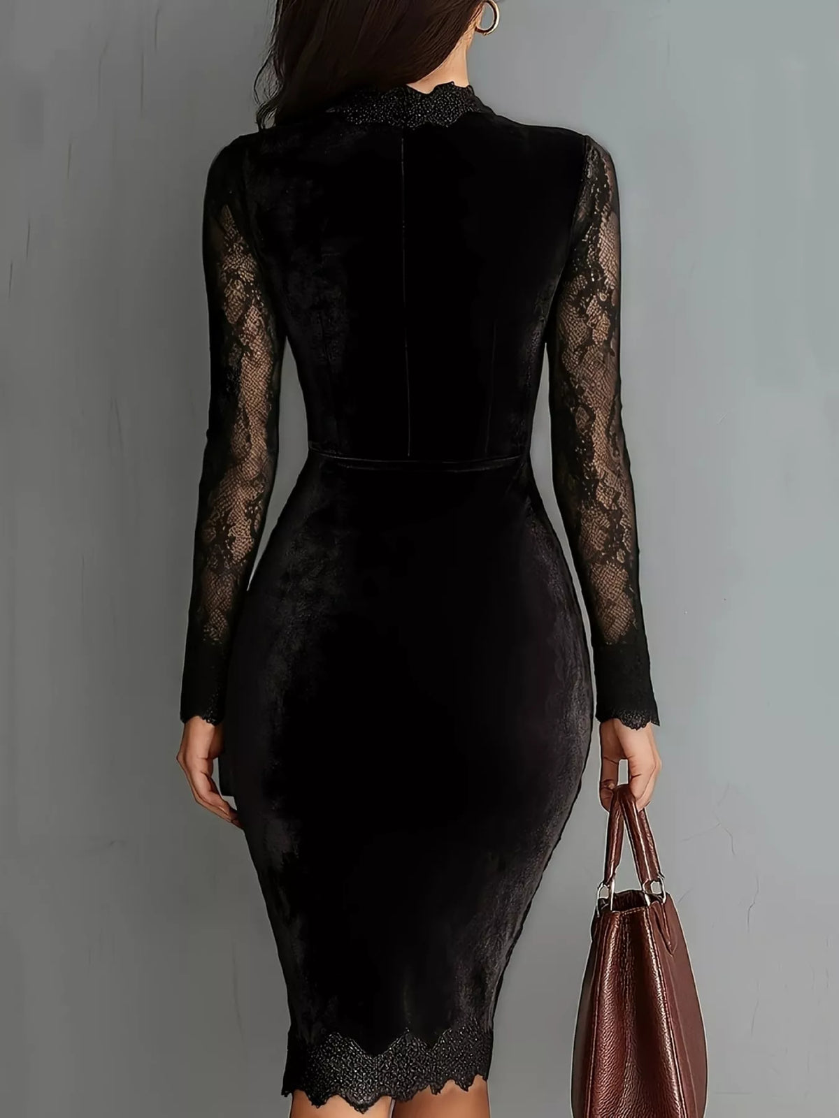 Seraphina Velvet Lace Bodycon Midi Dress in Black, on model
