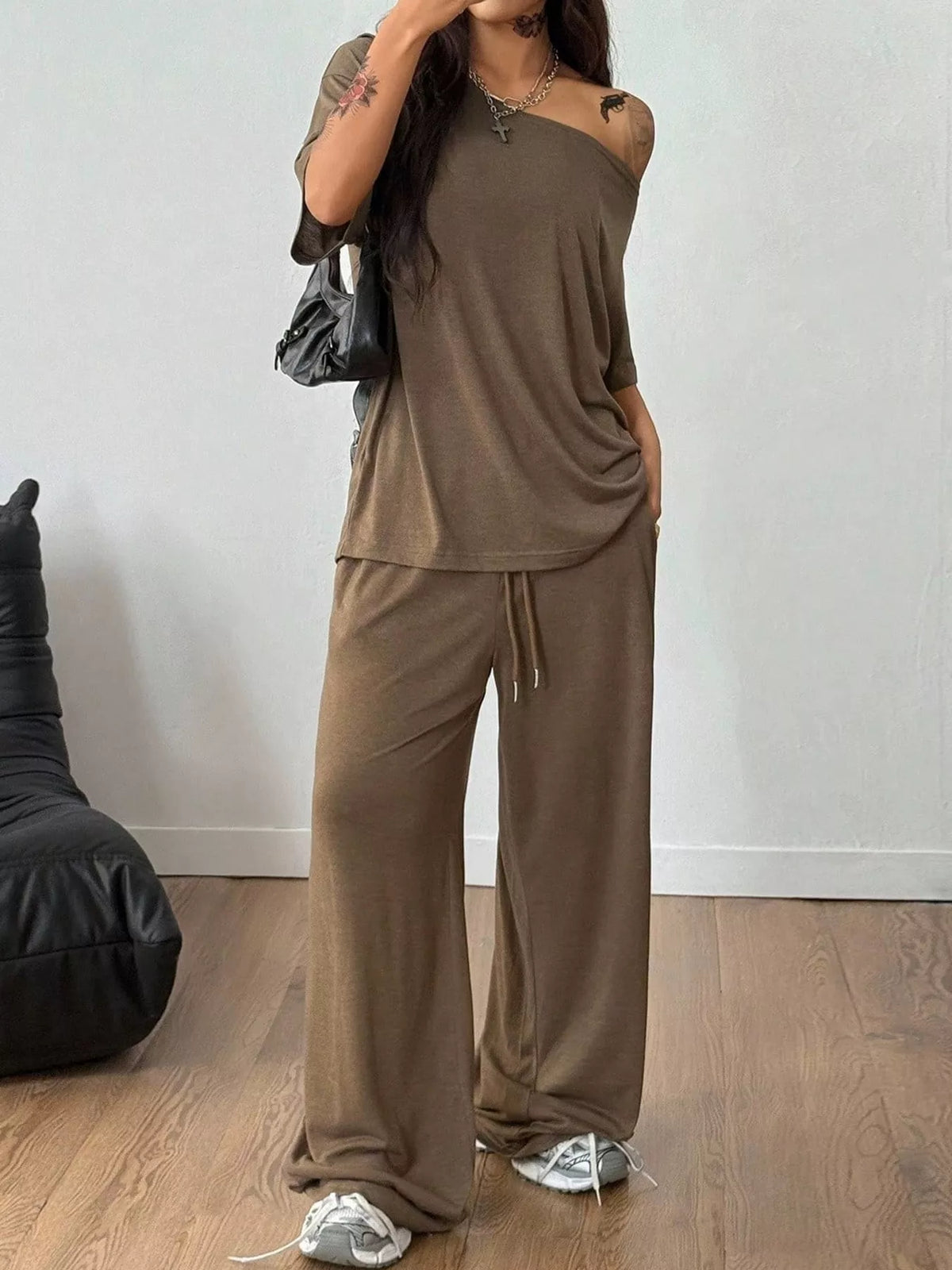 Linnea Off-Shoulder Top + Wide-Leg Pants Set, on model