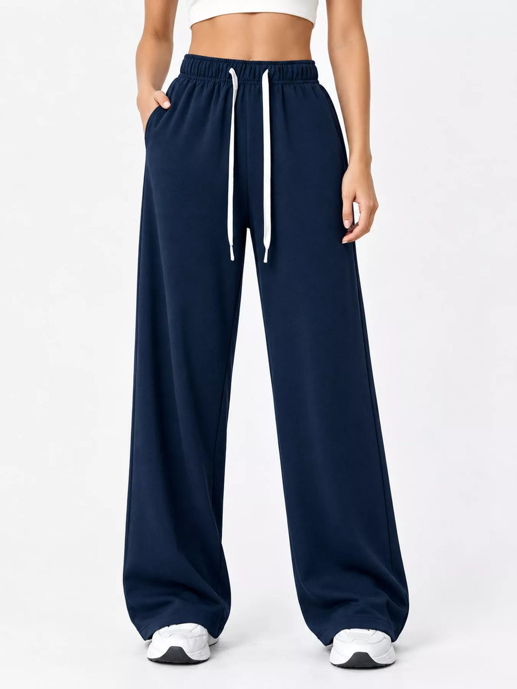 Odessa Drawstring Wide-Leg Sweatpants in Navy Blue, on model