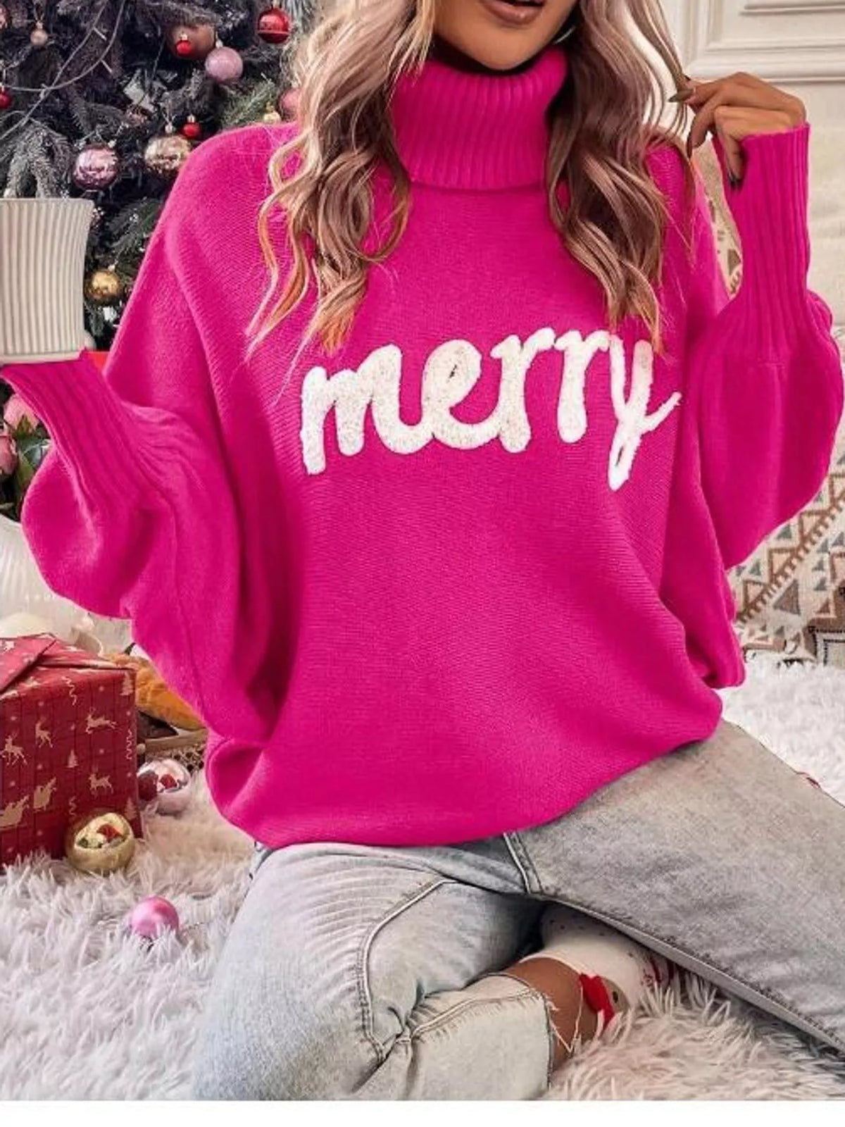 Mabel Merry Turtleneck Sweater in Hot Pink, on model