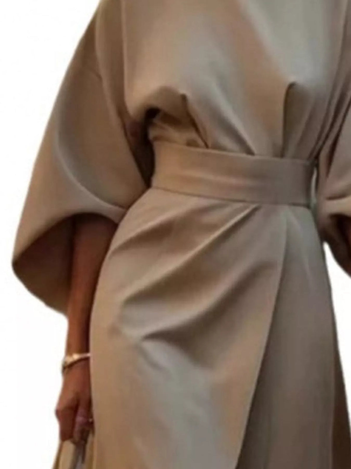 Bettina Kimono-Sleeve Wrap Midi Dress in Khaki, on model