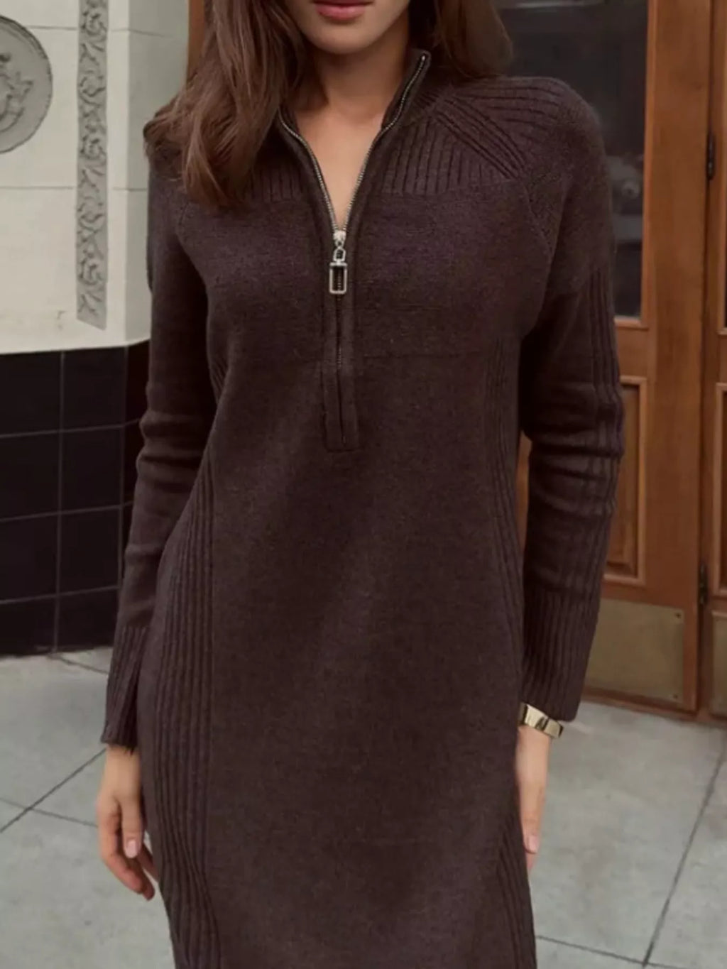 Annelise Half-Zip Ribbed Sweater Maxi Dress in Coffee, on model