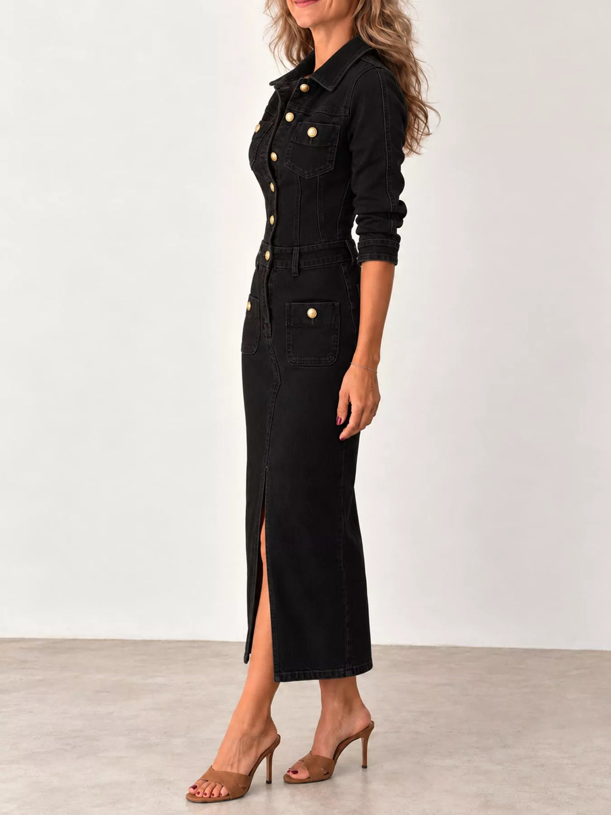 Joelle Button-Front Denim Midi Dress in Black, on model