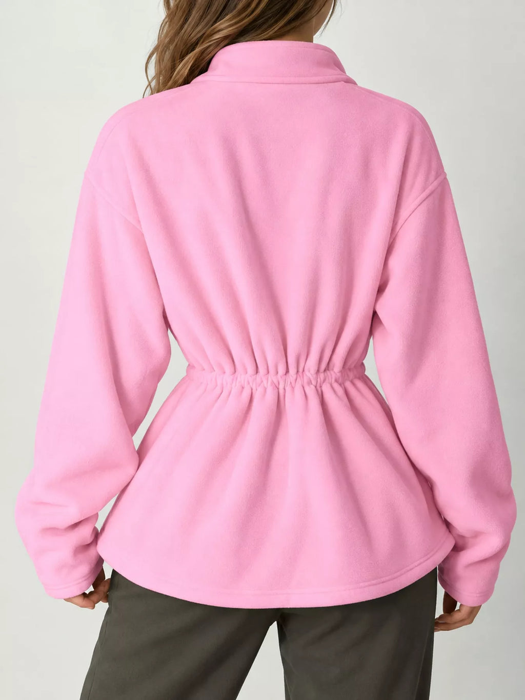 Kaia Cinched-Waist Fleece Zip-Up Jacket in Pink, on model