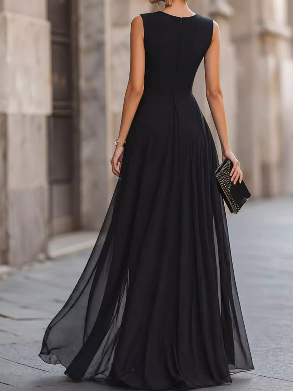 Ruth Sleeveless High-Slit Evening Maxi Dress in Black, on model