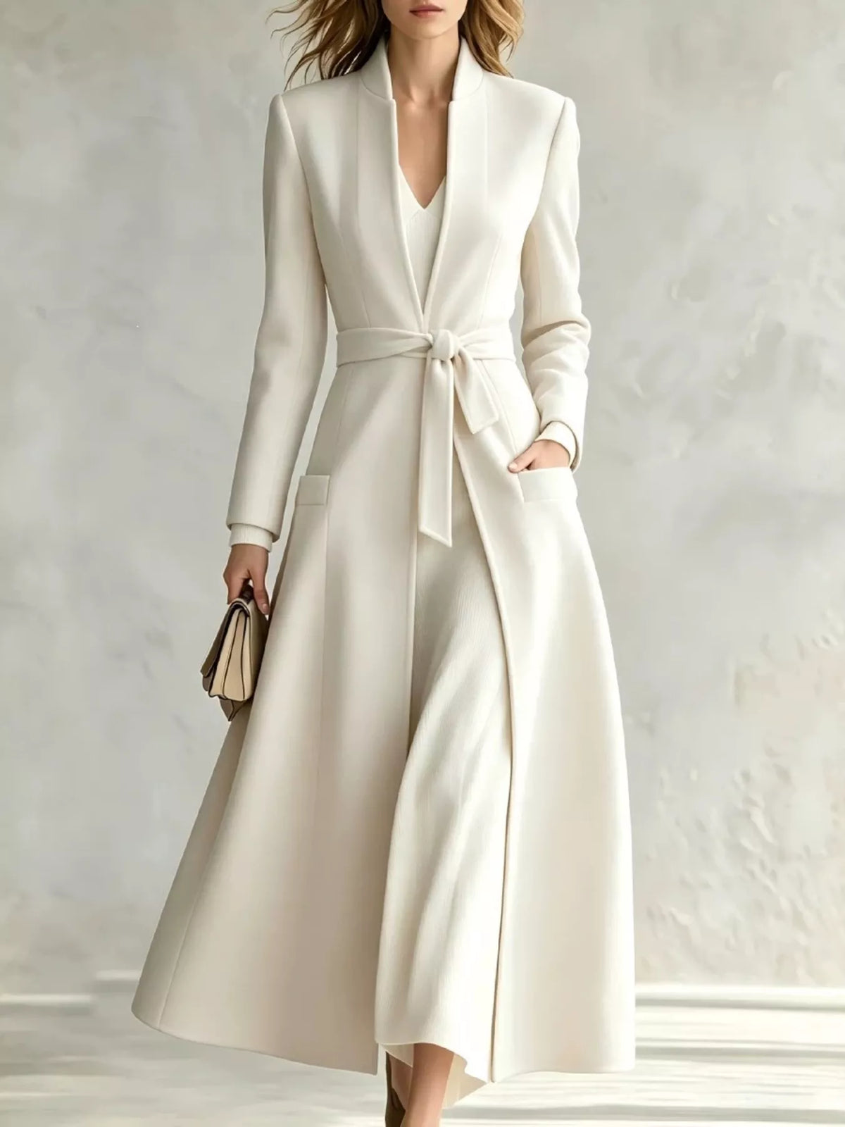 Fiora Tie-Waist Long Coat in White, on model