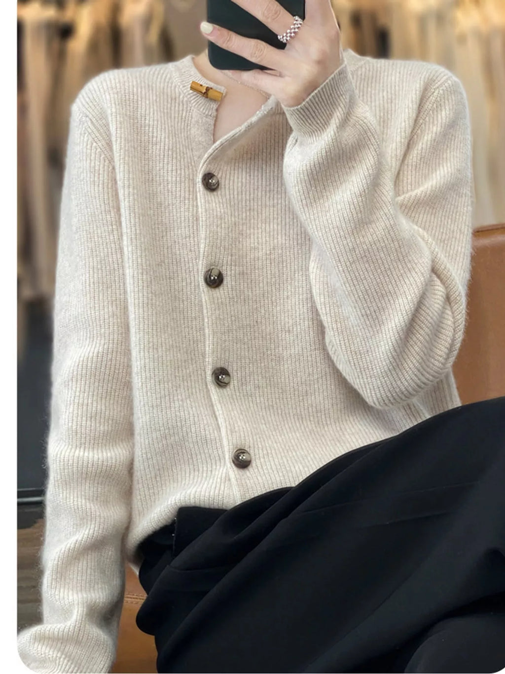Nell Asymmetric Button Ribbed Cardigan in Pearl Barley, on model