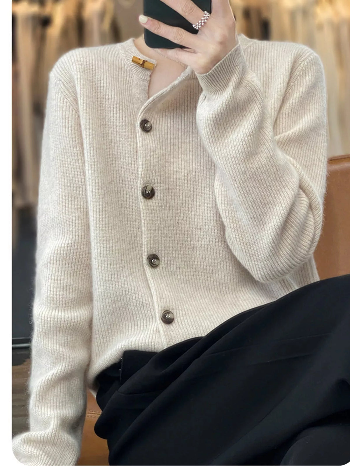 Nell Asymmetric Button Ribbed Cardigan in Pearl Barley, on model