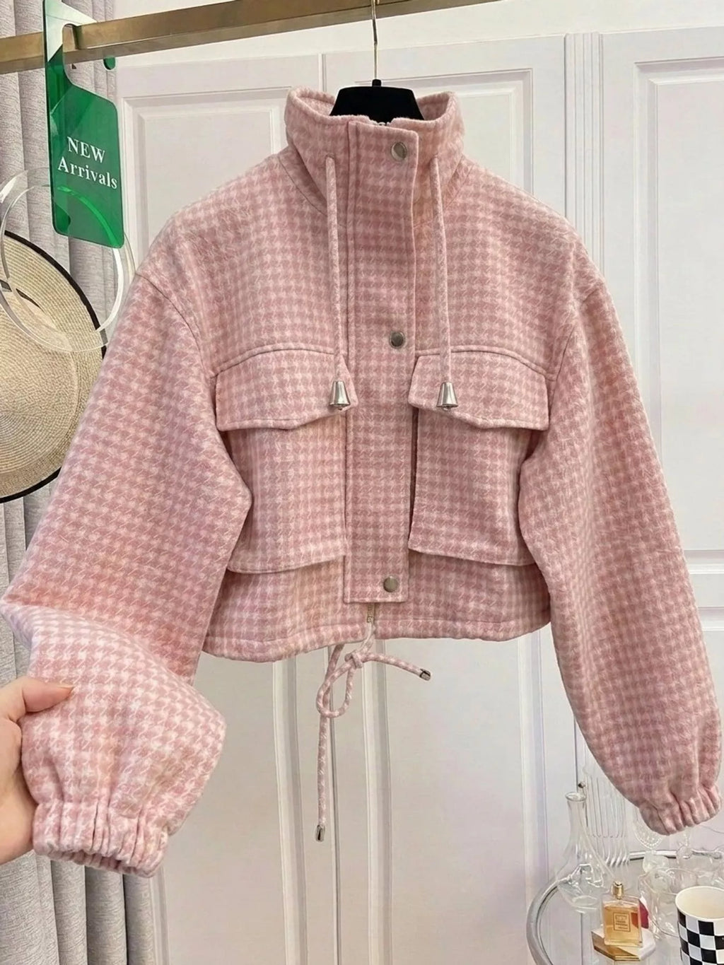 Sadie Houndstooth Cropped Utility Jacket in Pink, on model
