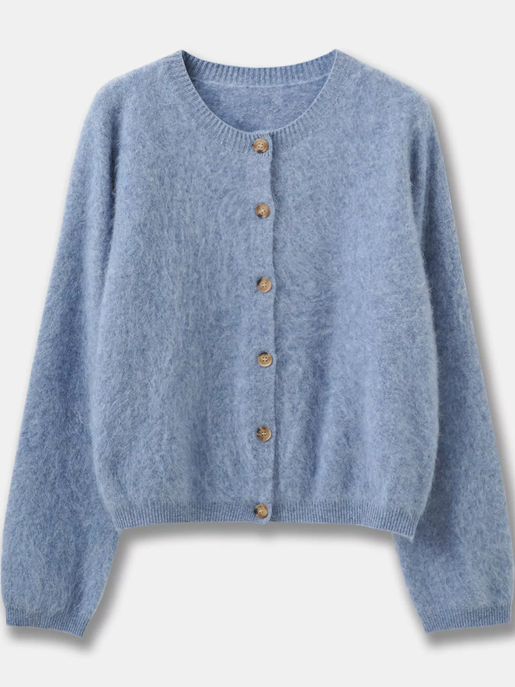 Flora Fuzzy Cropped Button Cardigan in Blue, on model