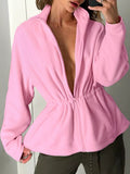 Kaia Cinched-Waist Fleece Zip-Up Jacket in Pink, on model