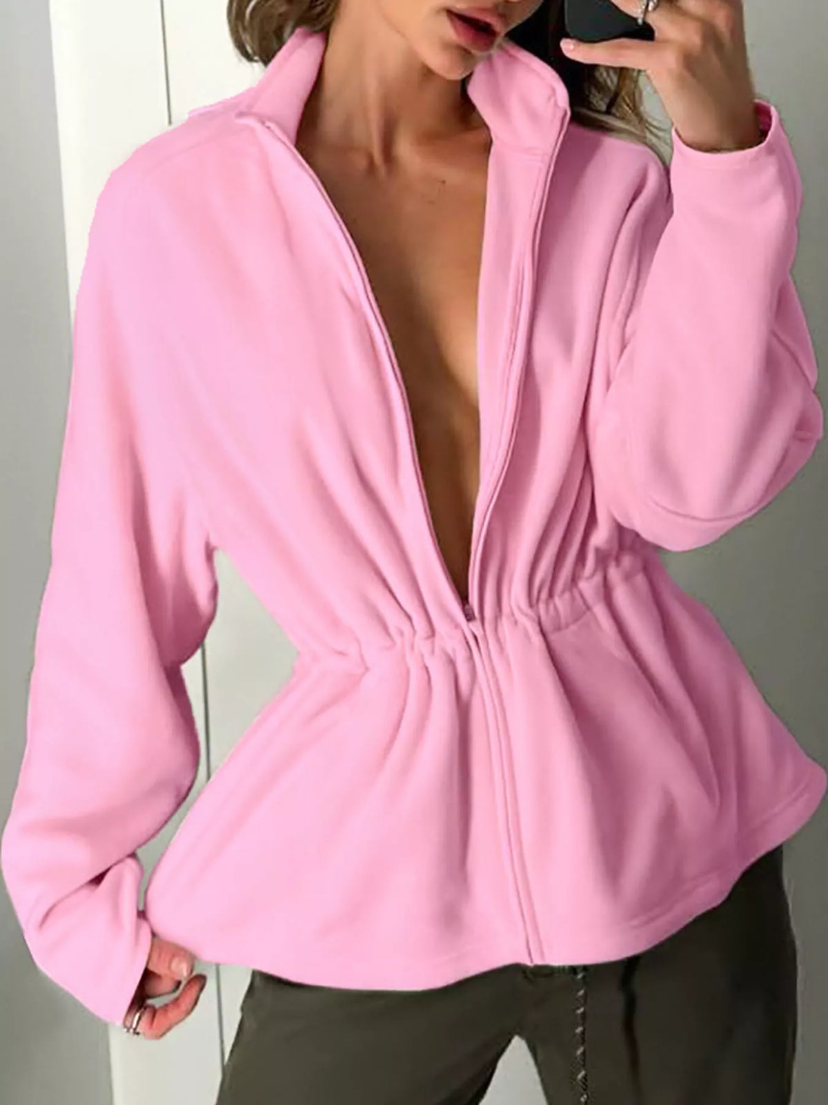 Kaia Cinched-Waist Fleece Zip-Up Jacket in Pink, on model