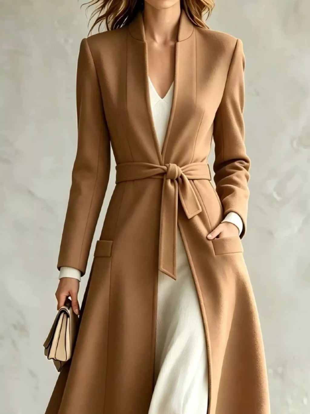 Fiora Tie-Waist Long Coat in Khaki, on model