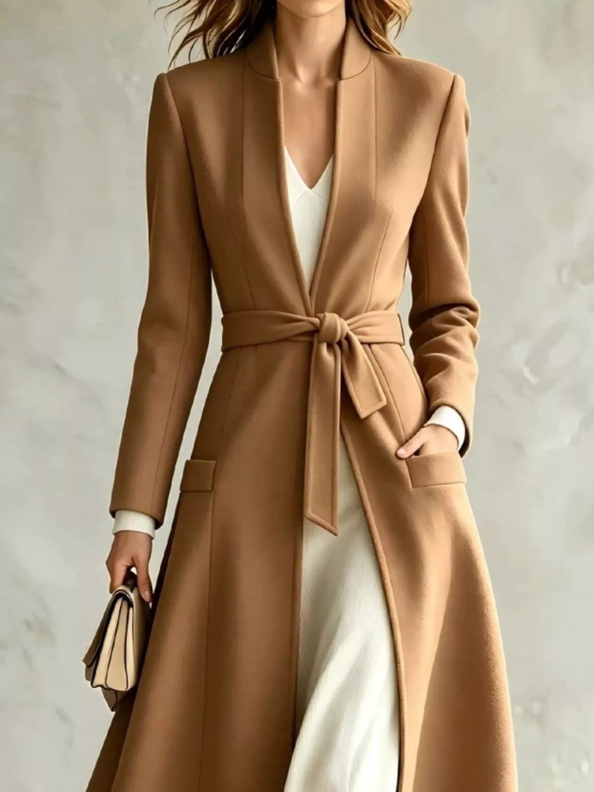Fiora Tie-Waist Long Coat in Khaki, on model