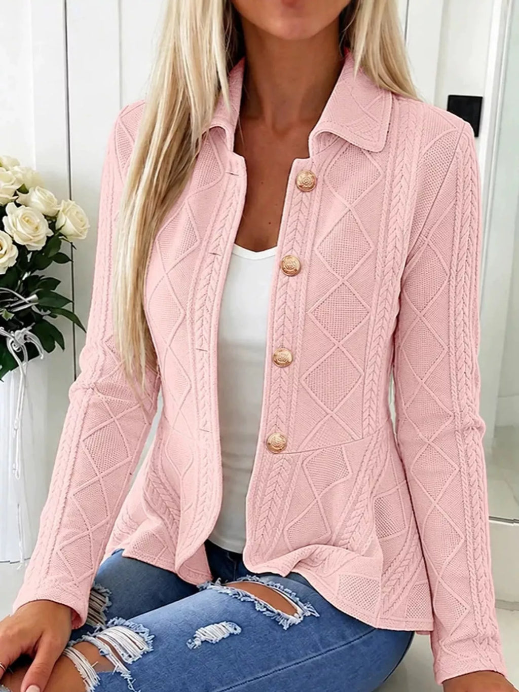 Briar Cable-Knit Peplum Cardigan in Pink, on model